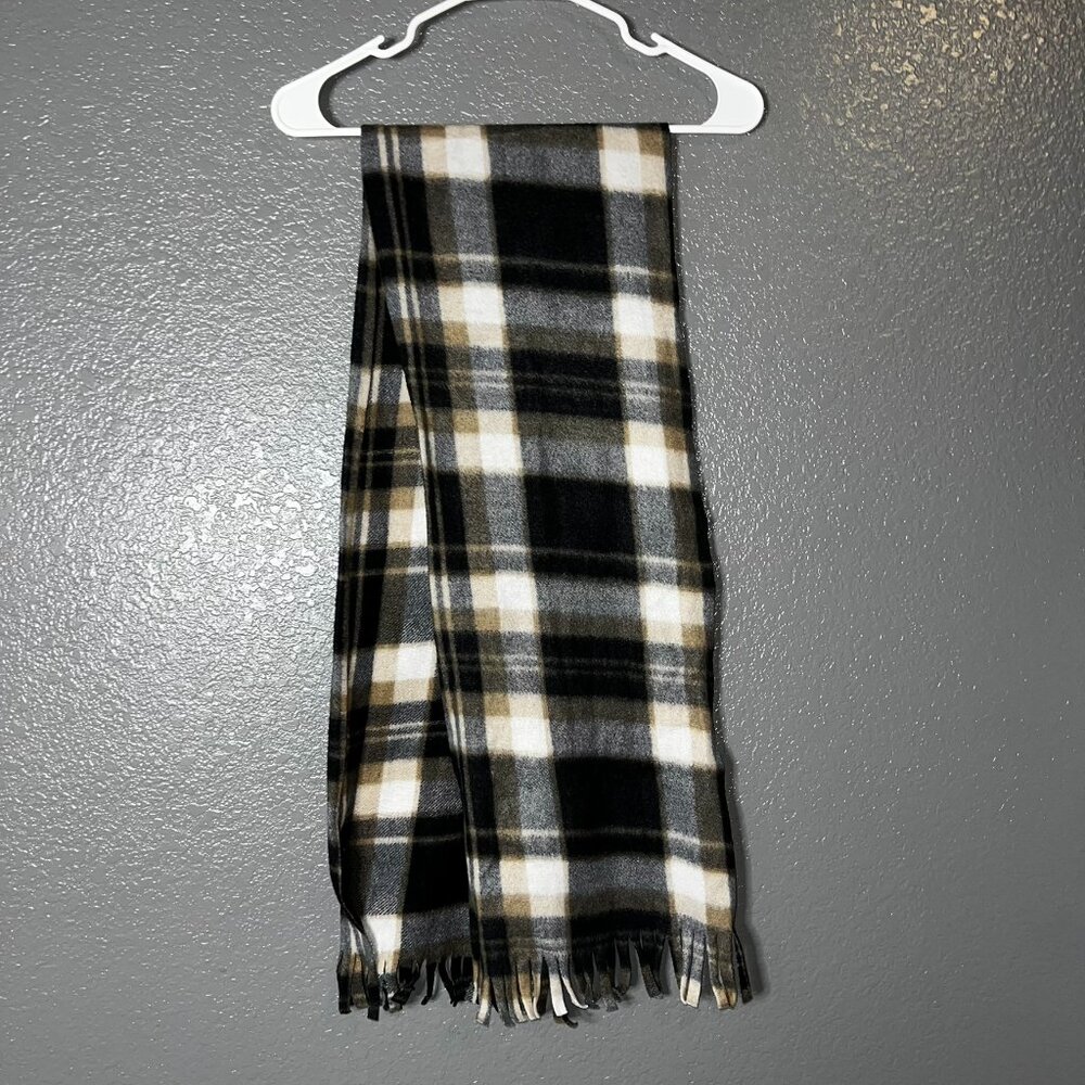 Plaid Fringe Scarf Black Beige White 60” Long Soft Winter Fall Accessory